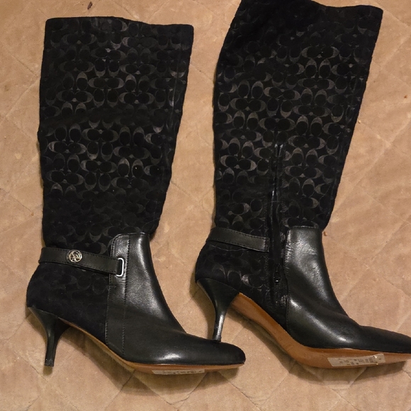 Coach Elegant Black Patterned Heeled Boots Size 8.5. NWT....